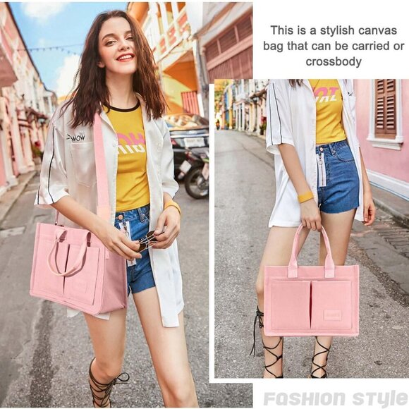 Canvas Tote Bag Women Pockets Crossbody Large Capacity Casual Work Gift - Picture 2 of 6